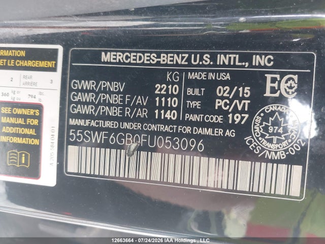 2015 Mercedes-benz C 400 4matic მანქანა იყიდება აუქციონზე, vin: 55SWF6GB0FU053096, აუქციონის ნომერი: 12663664