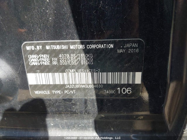 2016 Mitsubishi Lancer Gt მანქანა იყიდება აუქციონზე, vin: JA32U8FW4GU604630, აუქციონის ნომერი: 12663668
