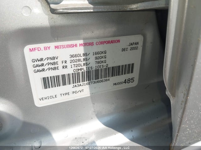 Auction sale of the 2003 Mitsubishi Lancer Es, vin: JA3AJ16E73U606384, lot number: 12663672