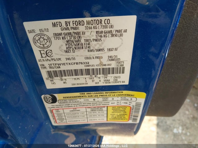 12663677 :رقم المزاد ، 1FTFW1ETXCFB76332 vin ، 2012 Ford F-150 مزاد بيع