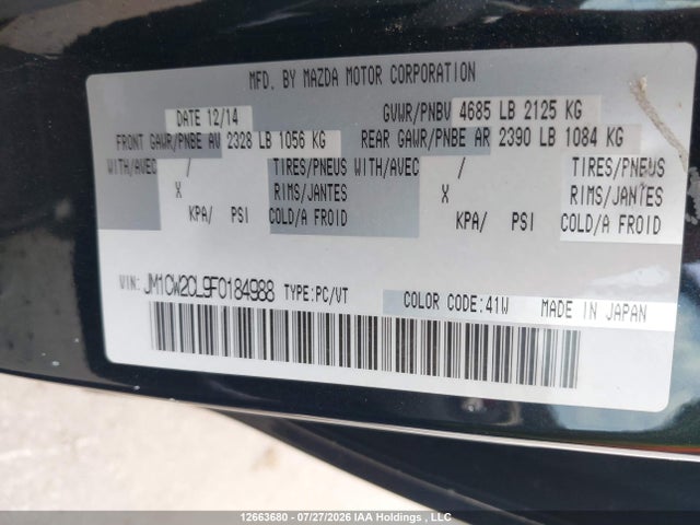 12663680 :رقم المزاد ، JM1CW2CL9F0184988 vin ، 2015 Mazda 5 مزاد بيع