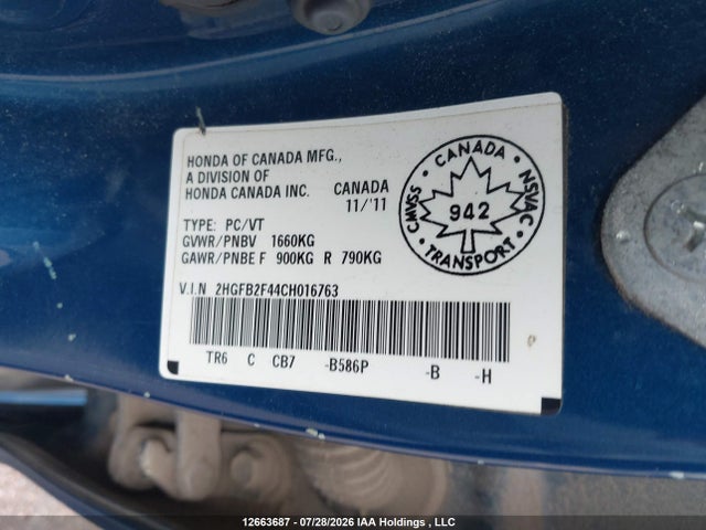 2012 Honda Civic Lx მანქანა იყიდება აუქციონზე, vin: 2HGFB2F44CH016763, აუქციონის ნომერი: 12663687