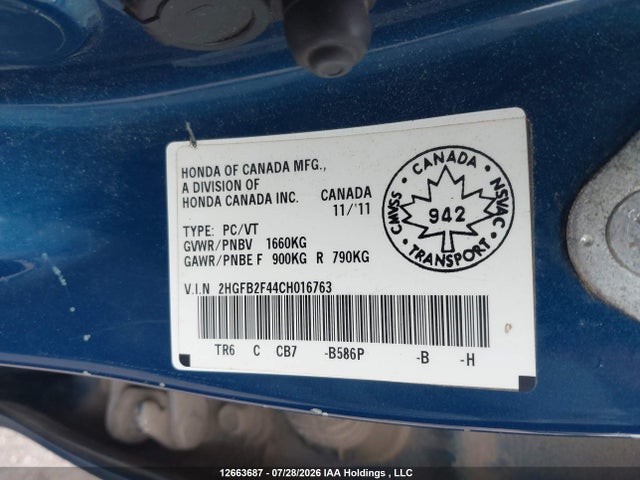 2012 Honda Civic Lx მანქანა იყიდება აუქციონზე, vin: 2HGFB2F44CH016763, აუქციონის ნომერი: 12663687