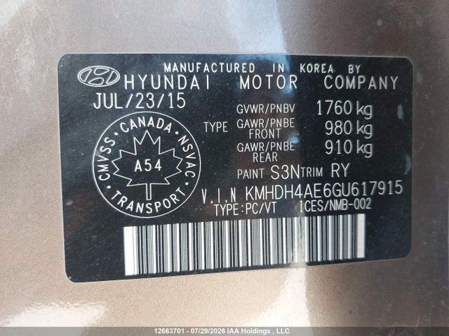 12663701 :رقم المزاد ، KMHDH4AE6GU617915 vin ، 2016 Hyundai Elantra Se/sport/limited مزاد بيع