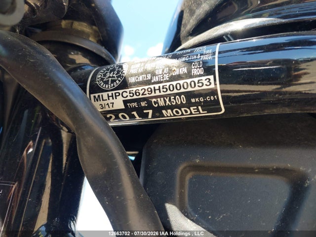 2017 Honda Cmx500 H მანქანა იყიდება აუქციონზე, vin: MLHPC5629H5000053, აუქციონის ნომერი: 12663702