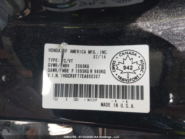 2014 Honda Accord Touring Hybrid მანქანა იყიდება აუქციონზე, vin: 1HGCR6F77EA800307, აუქციონის ნომერი: 12663705