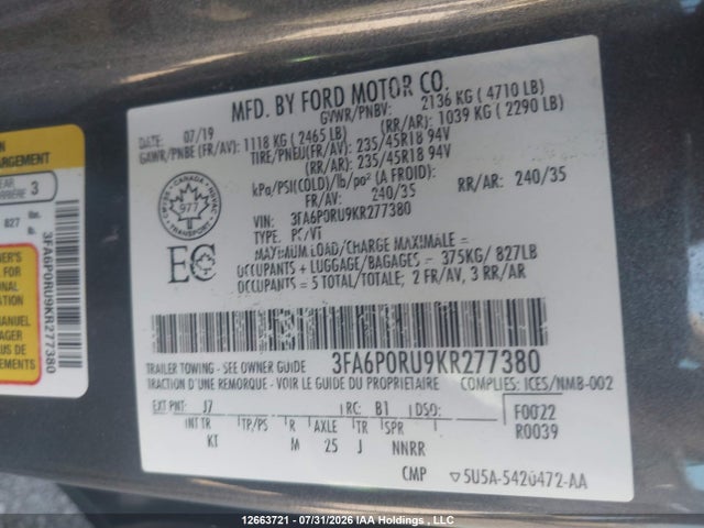 Ford Fusion 2019 3FA6P0RU9KR277380 Image 9