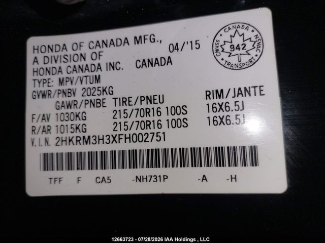 2015 Honda Cr-v Lx მანქანა იყიდება აუქციონზე, vin: 2HKRM3H3XFH002751, აუქციონის ნომერი: 12663723