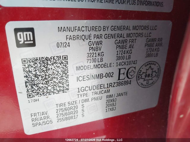 12663724 :رقم المزاد ، 1GCUDEEL1RZ386894 vin ، 2024 Chevrolet Silverado 1500 مزاد بيع