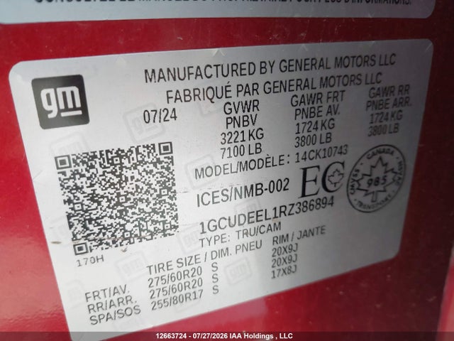 12663724 :رقم المزاد ، 1GCUDEEL1RZ386894 vin ، 2024 Chevrolet Silverado 1500 مزاد بيع