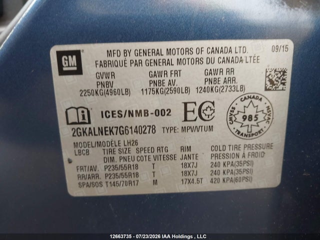 Aukcja sprzedaży 2016 Gmc Terrain Sle-2, vin: 2GKALNEK7G6140278, numer aukcji: 12663735