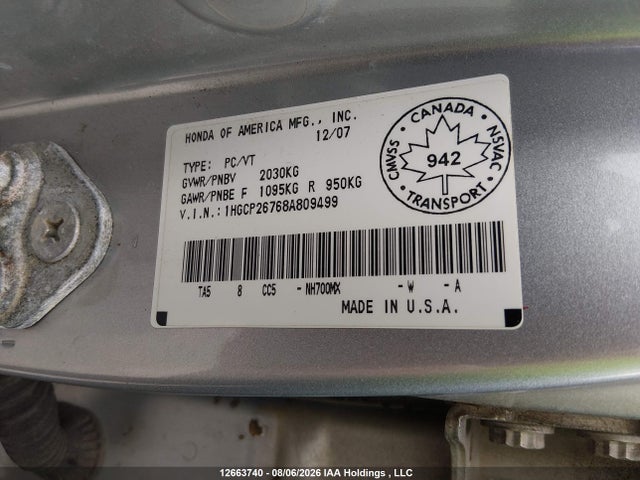 Aukcja sprzedaży 2008 Honda Accord Ex, vin: 1HGCP26768A809499, numer aukcji: 12663740