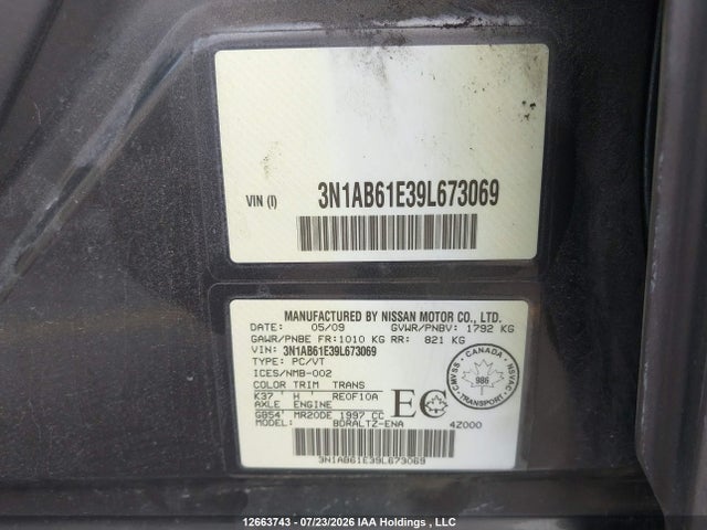 12663743 :رقم المزاد ، 3N1AB61E39L673069 vin ، 2009 Nissan Sentra 2.0/2.0s/2.0sl مزاد بيع