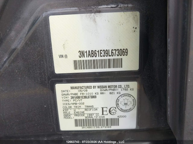 12663743 :رقم المزاد ، 3N1AB61E39L673069 vin ، 2009 Nissan Sentra 2.0/2.0s/2.0sl مزاد بيع