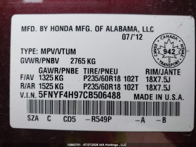 Aukcja sprzedaży 2012 Honda Pilot Touring, vin: 5FNYF4H97CB506488, numer aukcji: 12663751