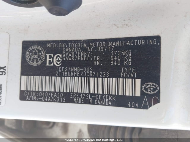 Toyota COROLLA CE 2018 2T1BURHE2JC974233 Image 9