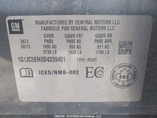 12663760 :رقم المزاد ، 1G1JC5EH0D4239451 vin ، 2013 Chevrolet Sonic Lt مزاد بيع
