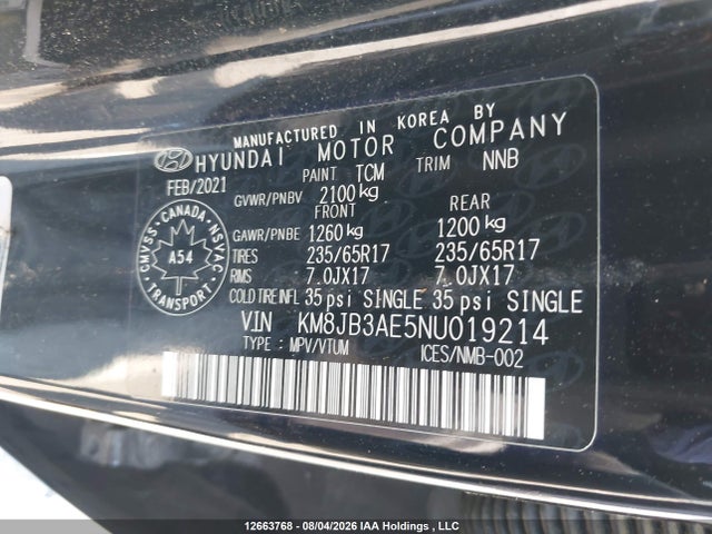 12663768 :رقم المزاد ، KM8JB3AE5NU019214 vin ، 2022 Hyundai Tucson Preferred Fwd مزاد بيع