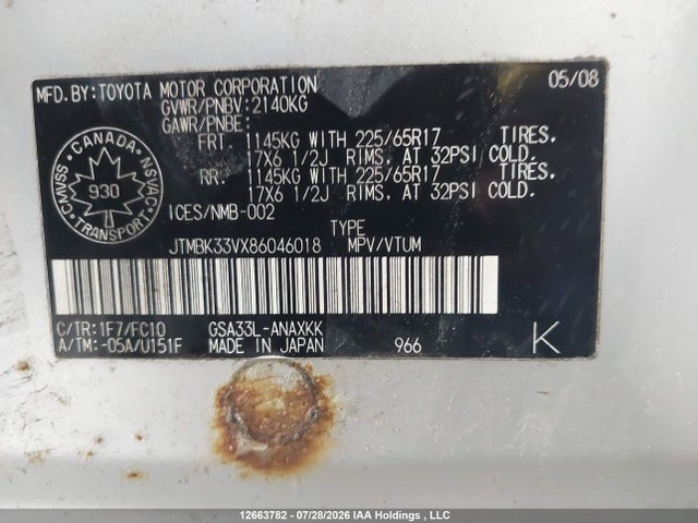 Продажа на аукционе авто 2008 Toyota Rav4, vin: JTMBK33VX86046018, номер лота: 12663782