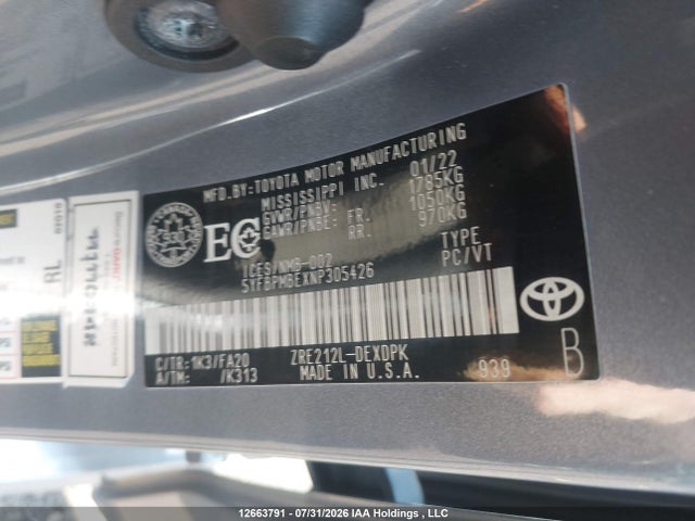 12663791 :رقم المزاد ، 5YFBPMBEXNP305426 vin ، 2022 Toyota Corolla Le/xle مزاد بيع