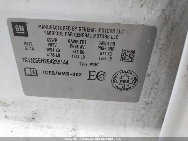 Продаж на аукціоні авто 2014 Chevrolet Sonic Lt, vin: 1G1JC5EH2E4235144, номер лоту: 12663795