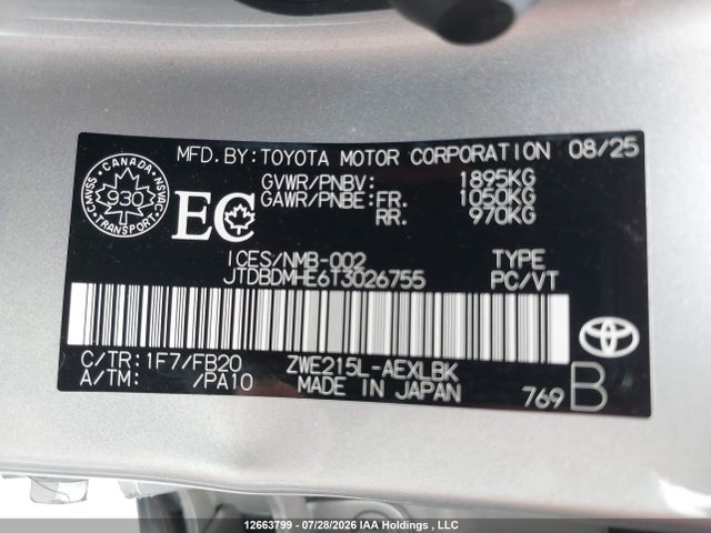 Продаж на аукціоні авто 2026 Toyota Corolla Hybrid Le Awd, vin: JTDBDMHE6T3026755, номер лоту: 12663799