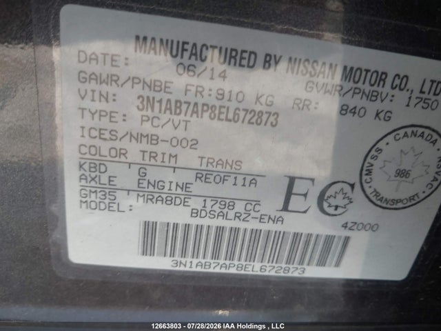 Aukcja sprzedaży 2014 Nissan Sentra S/sv/sr/sl, vin: 3N1AB7AP8EL672873, numer aukcji: 12663803