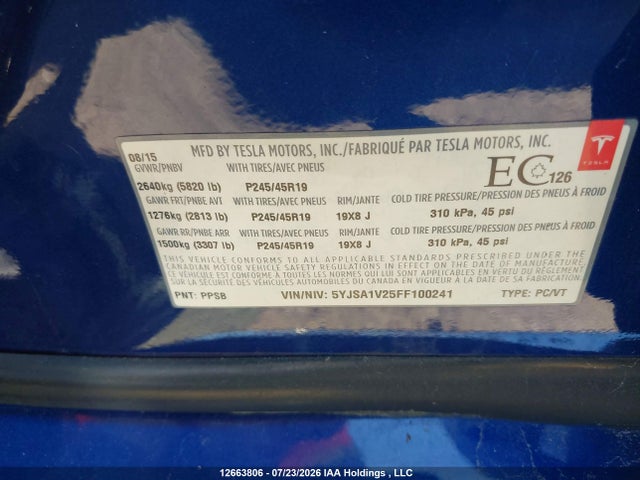 12663806 :رقم المزاد ، 5YJSA1V25FF100241 vin ، 2015 Tesla Model S 70d/85d/p85d مزاد بيع