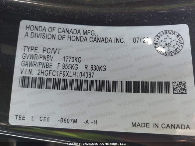 Продажа на аукционе авто 2020 Honda Civic Touring, vin: 2HGFC1F9XLH104087, номер лота: 12663815