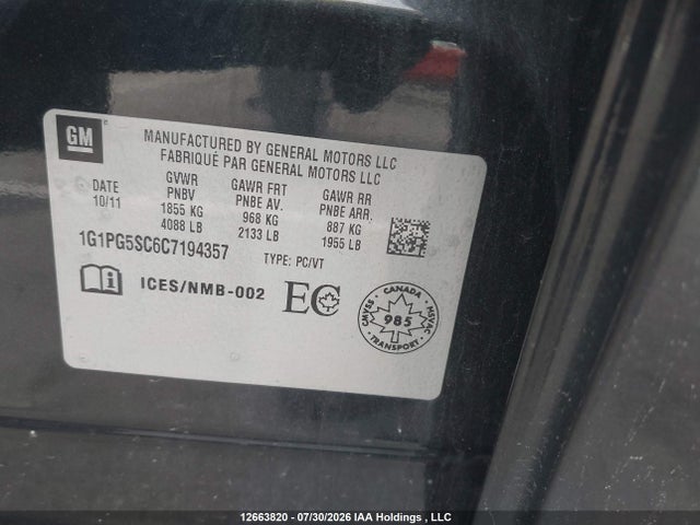 12663820 :رقم المزاد ، 1G1PG5SC6C7194357 vin ، 2012 Chevrolet Cruze مزاد بيع