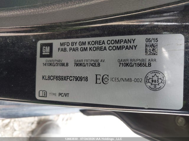 12663830 :رقم المزاد ، KL8CF6S9XFC790918 vin ، 2015 Chevrolet Spark 2lt مزاد بيع