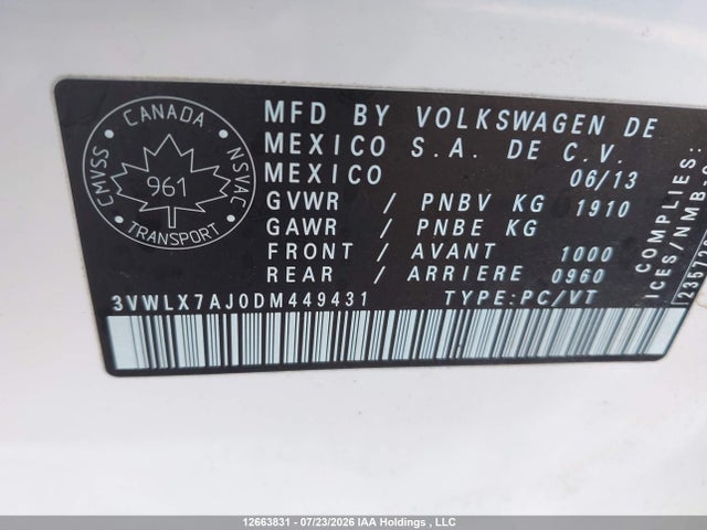Продажа на аукционе авто 2013 Volkswagen Jetta, vin: 3VWLX7AJ0DM449431, номер лота: 12663831