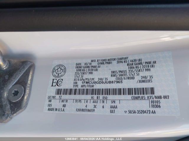 Продаж на аукціоні авто 2018 Ford Escape Se, vin: 1FMCU0GD9JUB87965, номер лоту: 12663841