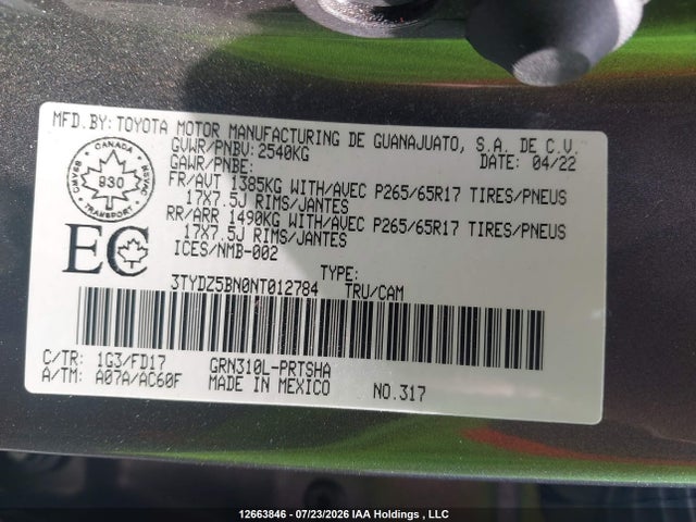 3TYDZ5BN0NT012784 Toyota Tacoma
