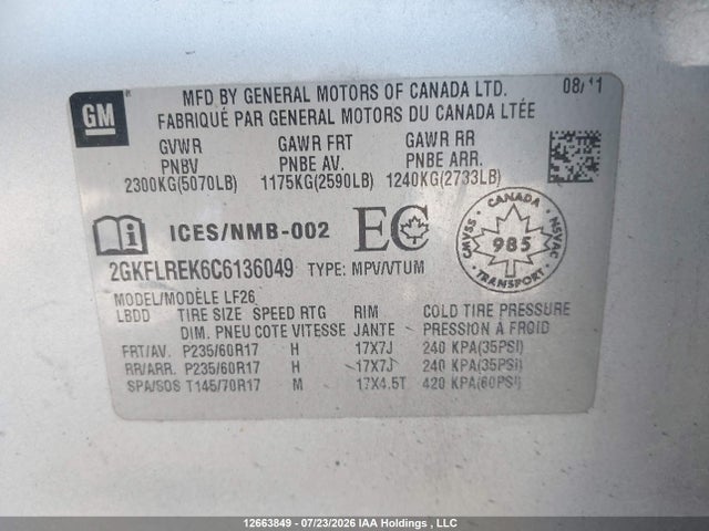 Aukcja sprzedaży 2012 Gmc Terrain, vin: 2GKFLREK6C6136049, numer aukcji: 12663849