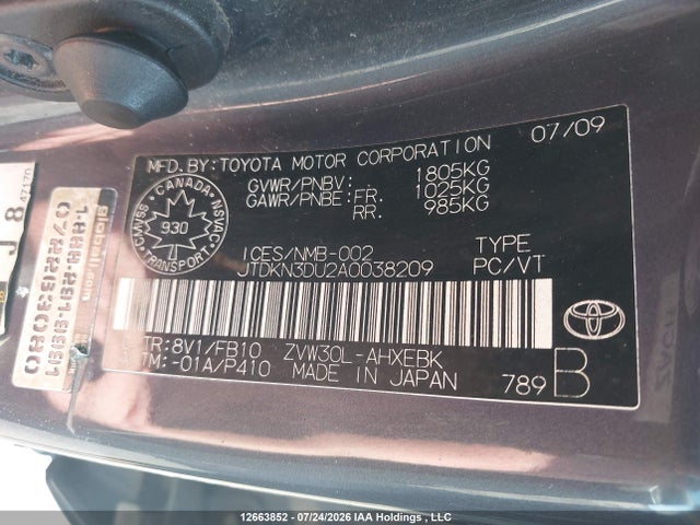 12663852 :رقم المزاد ، JTDKN3DU2A0038209 vin ، 2010 Toyota Prius مزاد بيع
