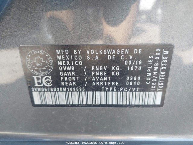 12663854 :رقم المزاد ، 3VWG57BU3KM169595 vin ، 2019 Volkswagen Jetta Sel Premium مزاد بيع