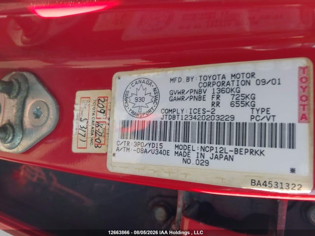 12663866 :رقم المزاد ، JTDBT123420203229 vin ، 2002 Toyota Echo مزاد بيع