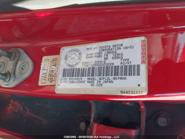 12663866 :رقم المزاد ، JTDBT123420203229 vin ، 2002 Toyota Echo مزاد بيع
