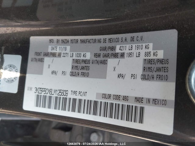 Продажа на аукционе авто 2020 Mazda Mazda3 Gs, vin: 3MZBPBCM8LM125809, номер лота: 12663879