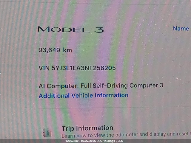 2022 Tesla Model 3 მანქანა იყიდება აუქციონზე, vin: 5YJ3E1EA3NF258205, აუქციონის ნომერი: 12663880