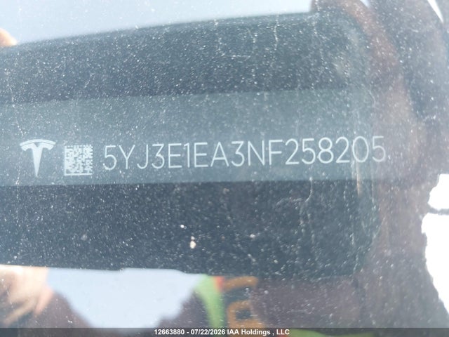 2022 Tesla Model 3 მანქანა იყიდება აუქციონზე, vin: 5YJ3E1EA3NF258205, აუქციონის ნომერი: 12663880