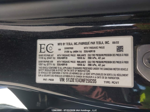 2022 Tesla Model 3 მანქანა იყიდება აუქციონზე, vin: 5YJ3E1EA3NF258205, აუქციონის ნომერი: 12663880