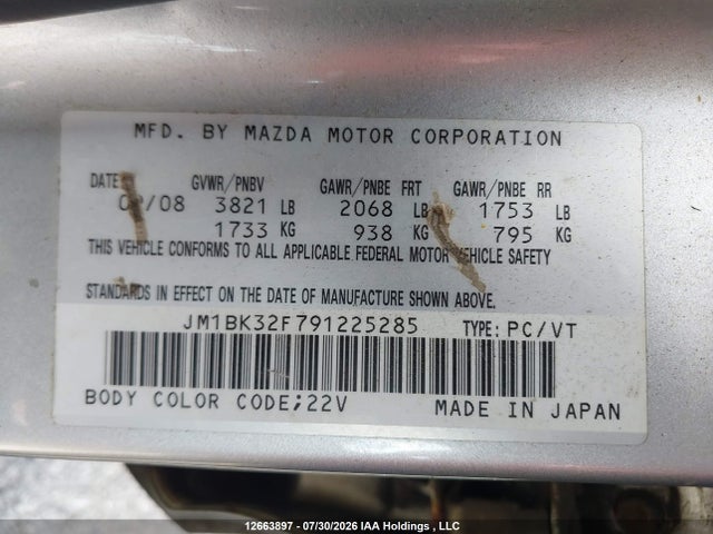 Aukcja sprzedaży 2009 Mazda 3, vin: JM1BK32F791225285, numer aukcji: 12663897