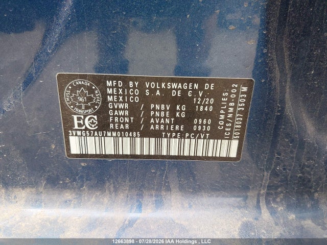 2021 Volkswagen Golf მანქანა იყიდება აუქციონზე, vin: 3VWG57AU7MM010485, აუქციონის ნომერი: 12663898