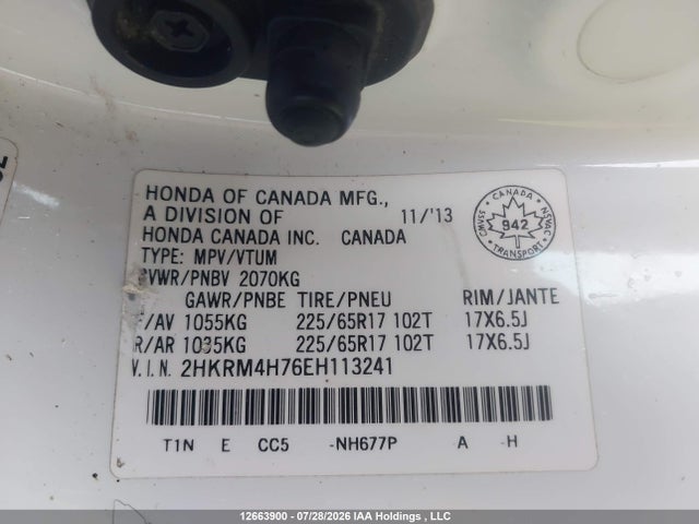 Aukcja sprzedaży 2014 Honda Cr-v Exl, vin: 2HKRM4H76EH113241, numer aukcji: 12663900
