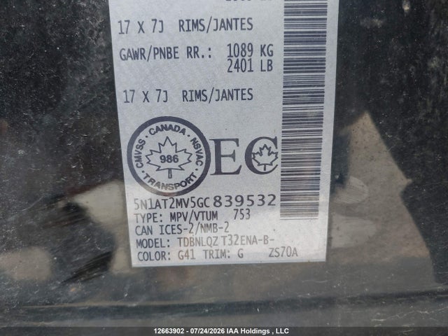 12663902 :رقم المزاد ، 5N1AT2MV5GC839532 vin ، 2016 Nissan Rogue مزاد بيع