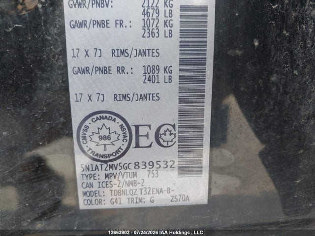 12663902 :رقم المزاد ، 5N1AT2MV5GC839532 vin ، 2016 Nissan Rogue مزاد بيع