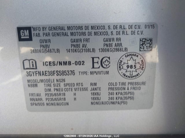Продажа на аукционе авто 2015 Cadillac Srx, vin: 3GYFNAE38FS585376, номер лота: 12663908