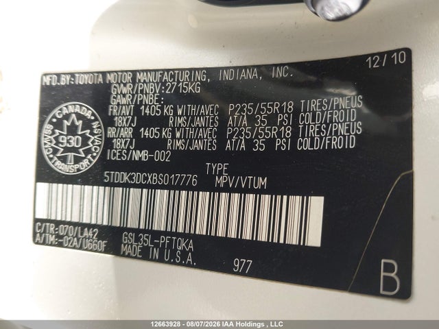 12663928 :رقم المزاد ، 5TDDK3DCXBS017776 vin ، 2011 Toyota Sienna Xle/limited مزاد بيع